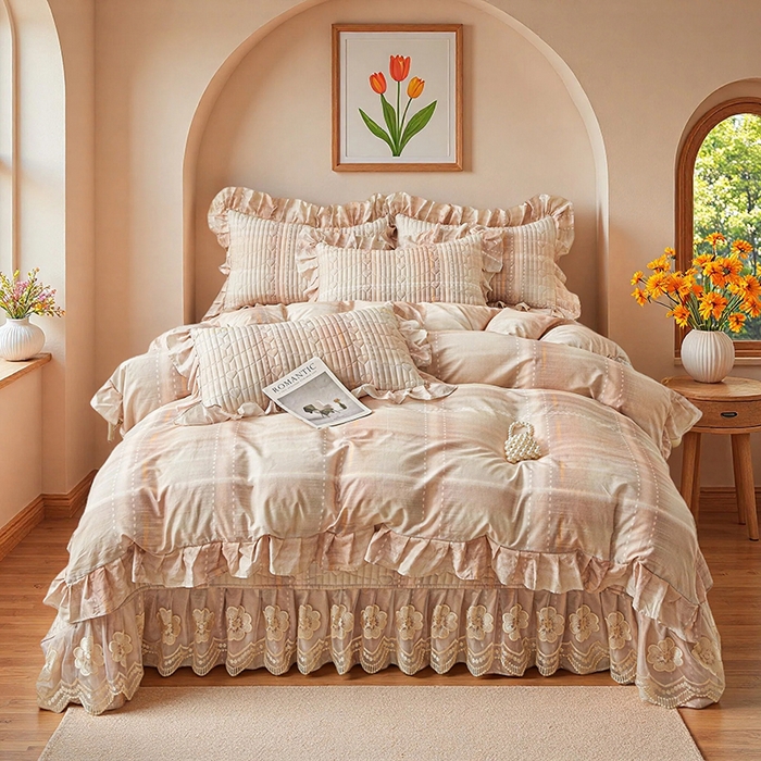 91家纺网 家纺一手货源 找家纺 （总）宜凡家纺 2026新款全棉数码印花床盖四件套格子系列