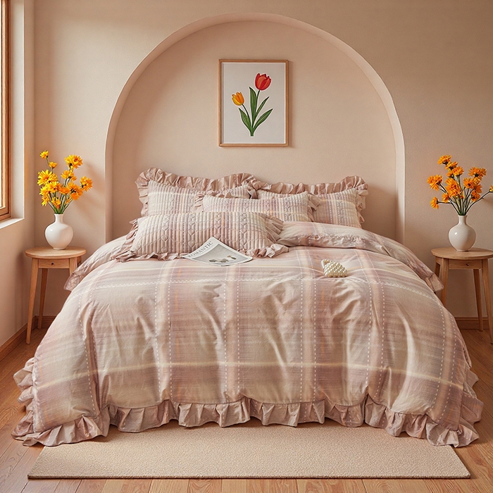 91家纺网 家纺一手货源 找家纺 宜凡家纺 2026新款全棉数码印花床盖四件套格子系列 光之羽-紫