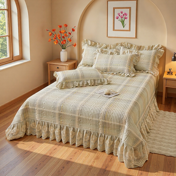 91家纺网 家纺一手货源 找家纺 宜凡家纺 2026新款全棉数码印花床盖四件套格子系列 光之羽-绿