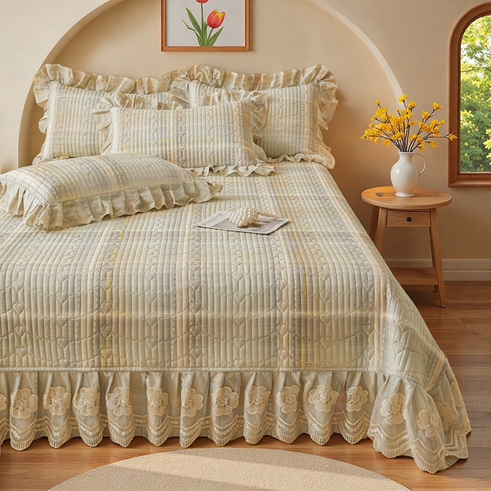 91家纺网 家纺一手货源 找家纺 宜凡家纺 2026新款全棉数码印花床盖四件套格子系列 光之羽-绿