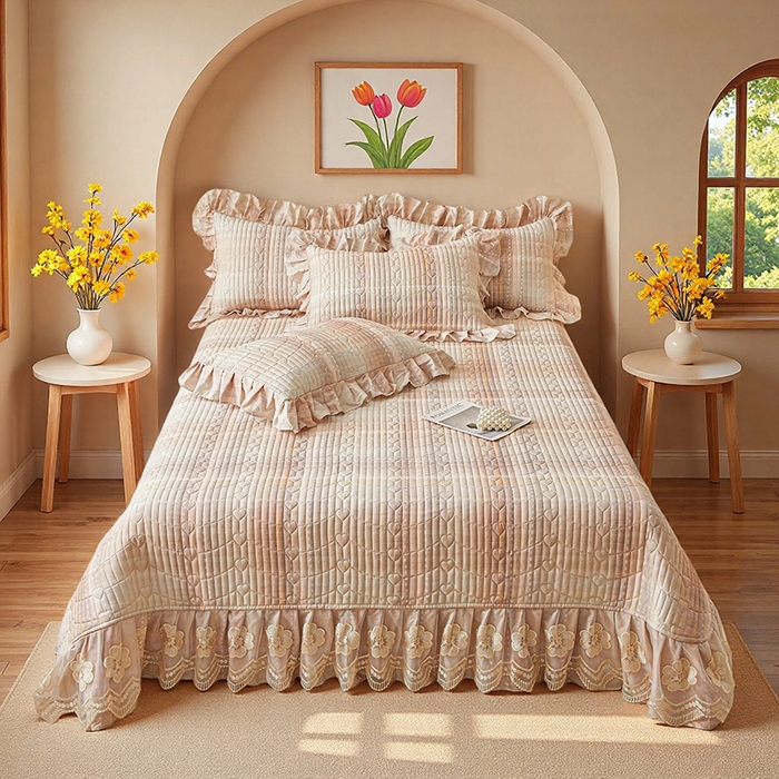 91家纺网 家纺一手货源 找家纺 宜凡家纺 2026新款全棉数码印花床盖四件套格子系列 光之羽-粉