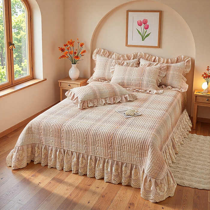 91家纺网 家纺一手货源 找家纺 宜凡家纺 2026新款全棉数码印花床盖四件套格子系列 光之羽-粉