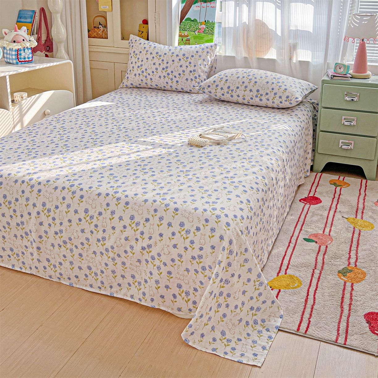 91家纺网 家纺一手货源 找家纺 名兮家居 2026新款全棉纯棉A类双层纱单床单 床单单件 双层纱-兰花小兔