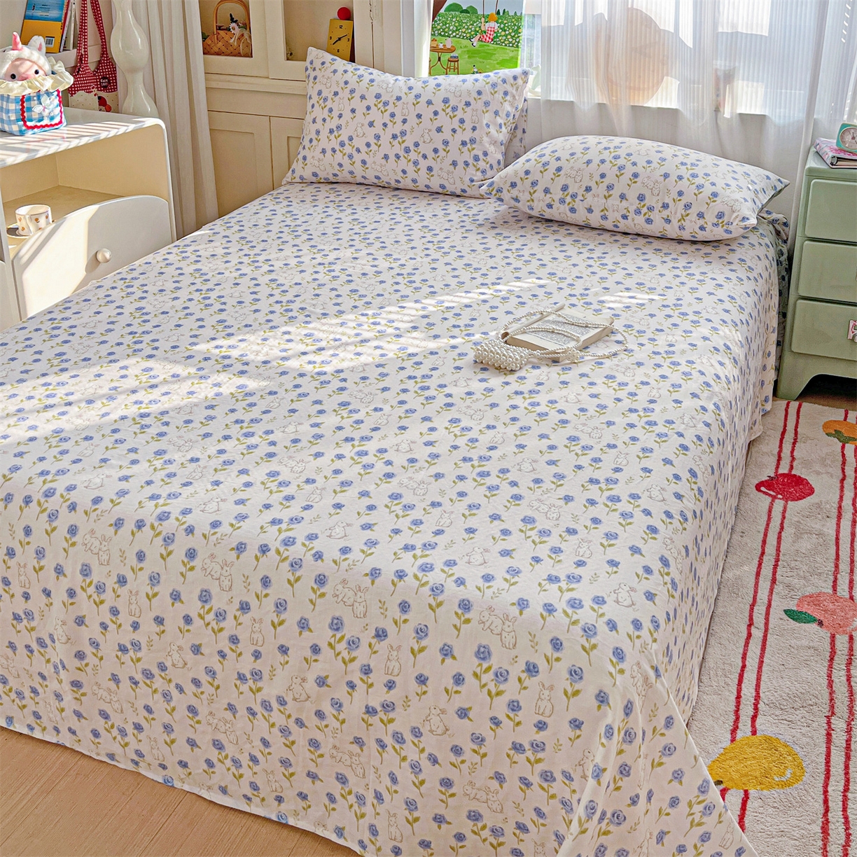 91家纺网 家纺一手货源 找家纺 名兮家居 2026新款全棉纯棉A类双层纱单床单 床单单件 双层纱-兰花小兔