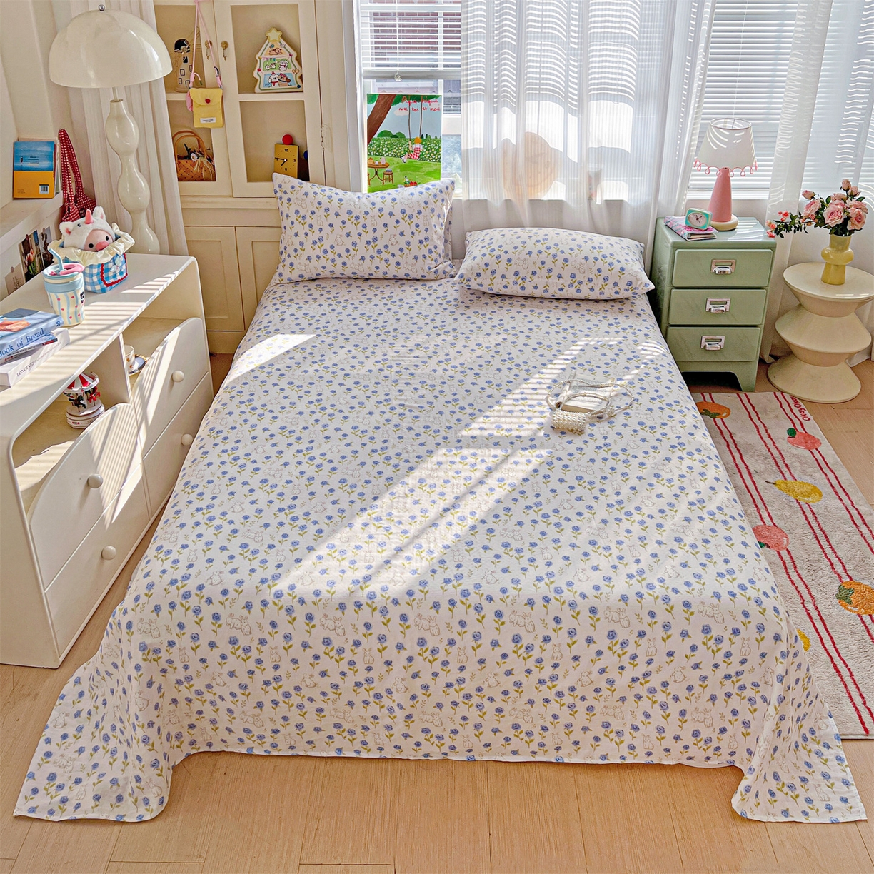 91家纺网 家纺一手货源 找家纺 名兮家居 2026新款全棉纯棉A类双层纱单床单 床单单件 双层纱-兰花小兔