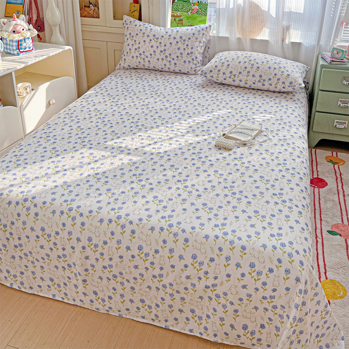 91家纺网 家纺一手货源 找家纺 名兮家居 2026新款全棉纯棉A类双层纱单床单 床单单件 双层纱-兰花小兔