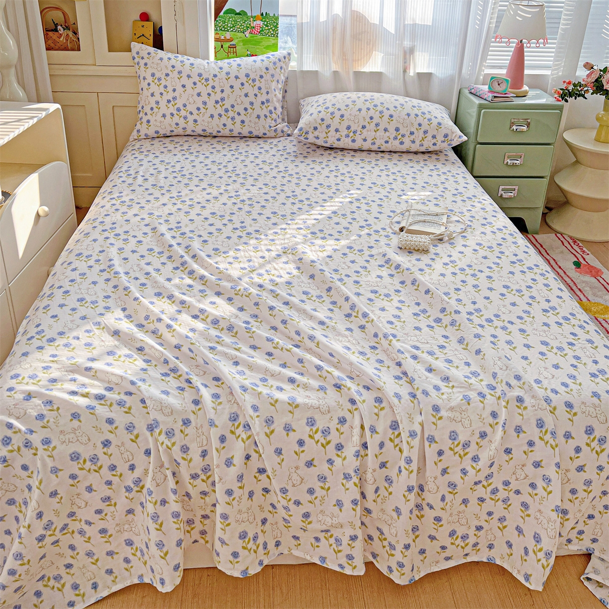 91家纺网 家纺一手货源 找家纺 名兮家居 2026新款全棉纯棉A类双层纱单床单 床单单件 双层纱-兰花小兔