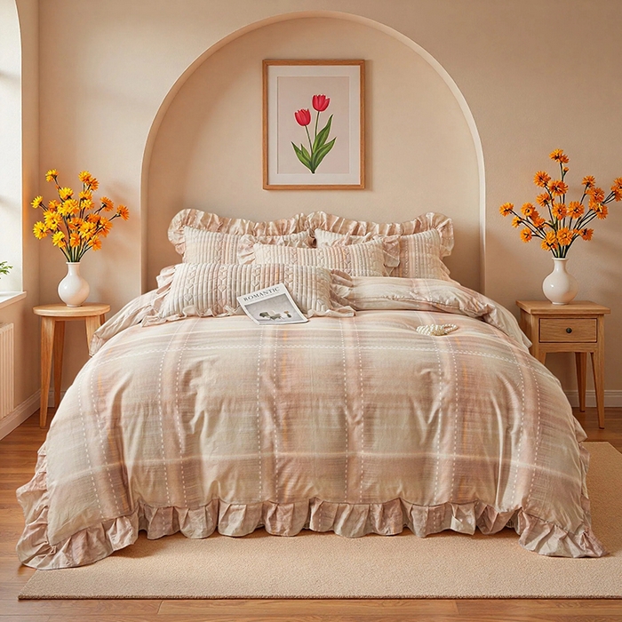 91家纺网 家纺一手货源 找家纺 （总）宜凡家纺 2026新款全棉数码印花床盖三件套格子系列