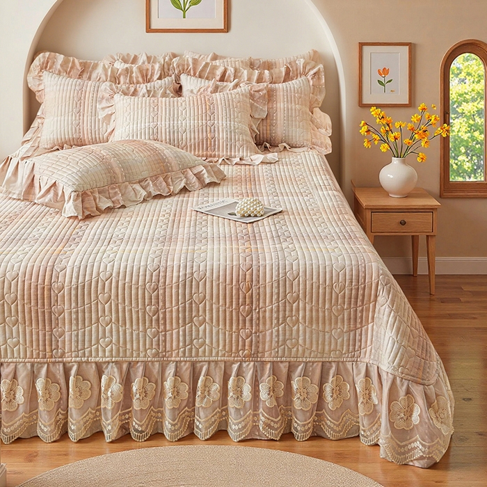 91家纺网 家纺一手货源 找家纺 宜凡家纺 2026新款全棉数码印花床盖三件套格子系列 光之羽-粉