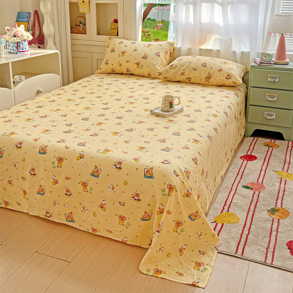 91家纺网 家纺一手货源 找家纺 名兮家居 2026新款全棉纯棉A类双层纱单床单 床单单件 双层纱-奶黄星仔