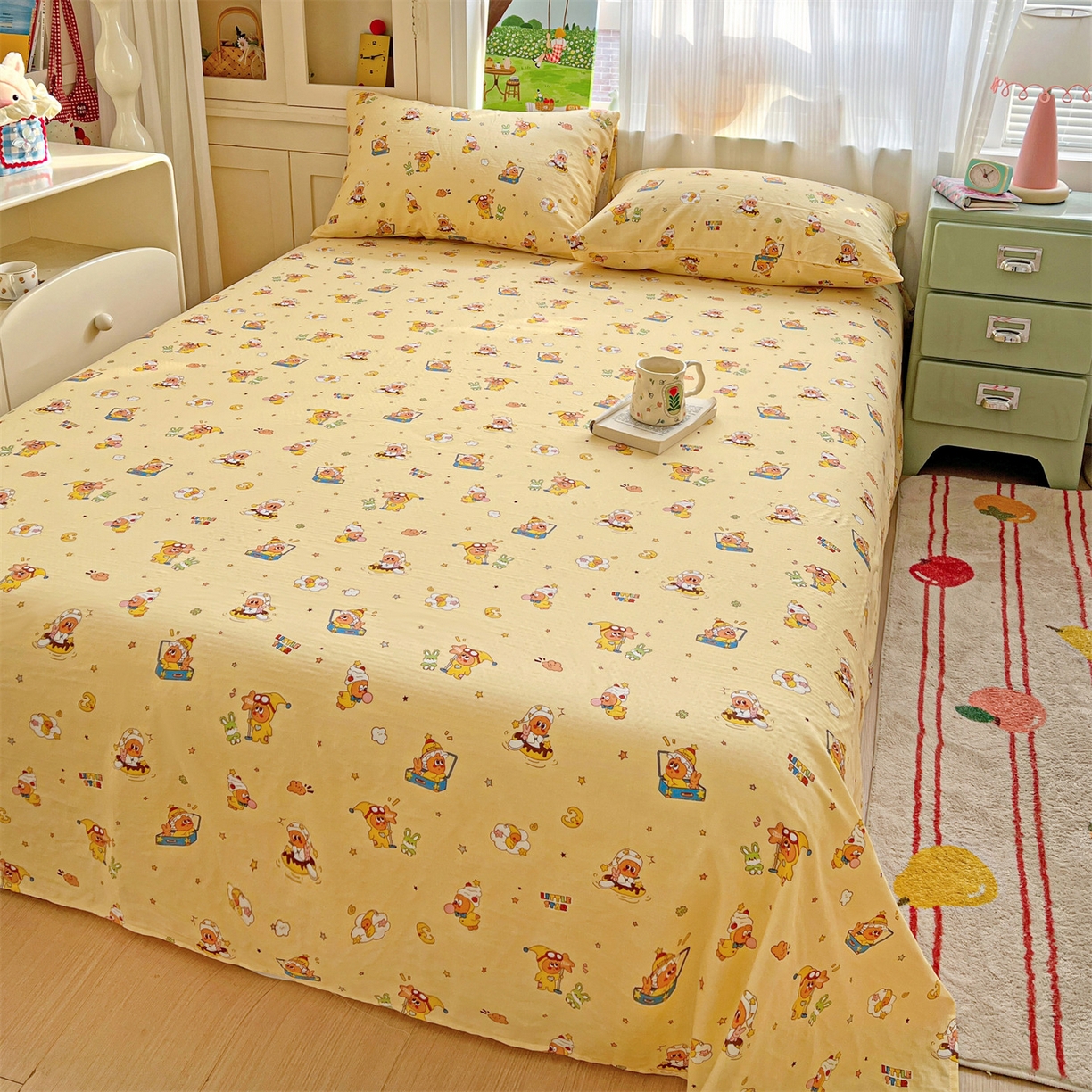 91家纺网 家纺一手货源 找家纺 名兮家居 2026新款全棉纯棉A类双层纱单床单 床单单件 双层纱-奶黄星仔