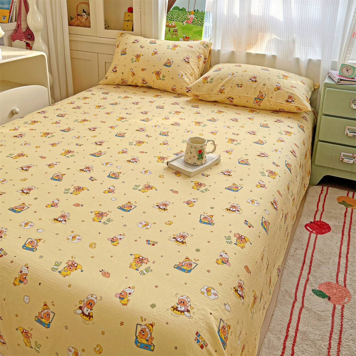 91家纺网 家纺一手货源 找家纺 名兮家居 2026新款全棉纯棉A类双层纱单床单 床单单件 双层纱-奶黄星仔