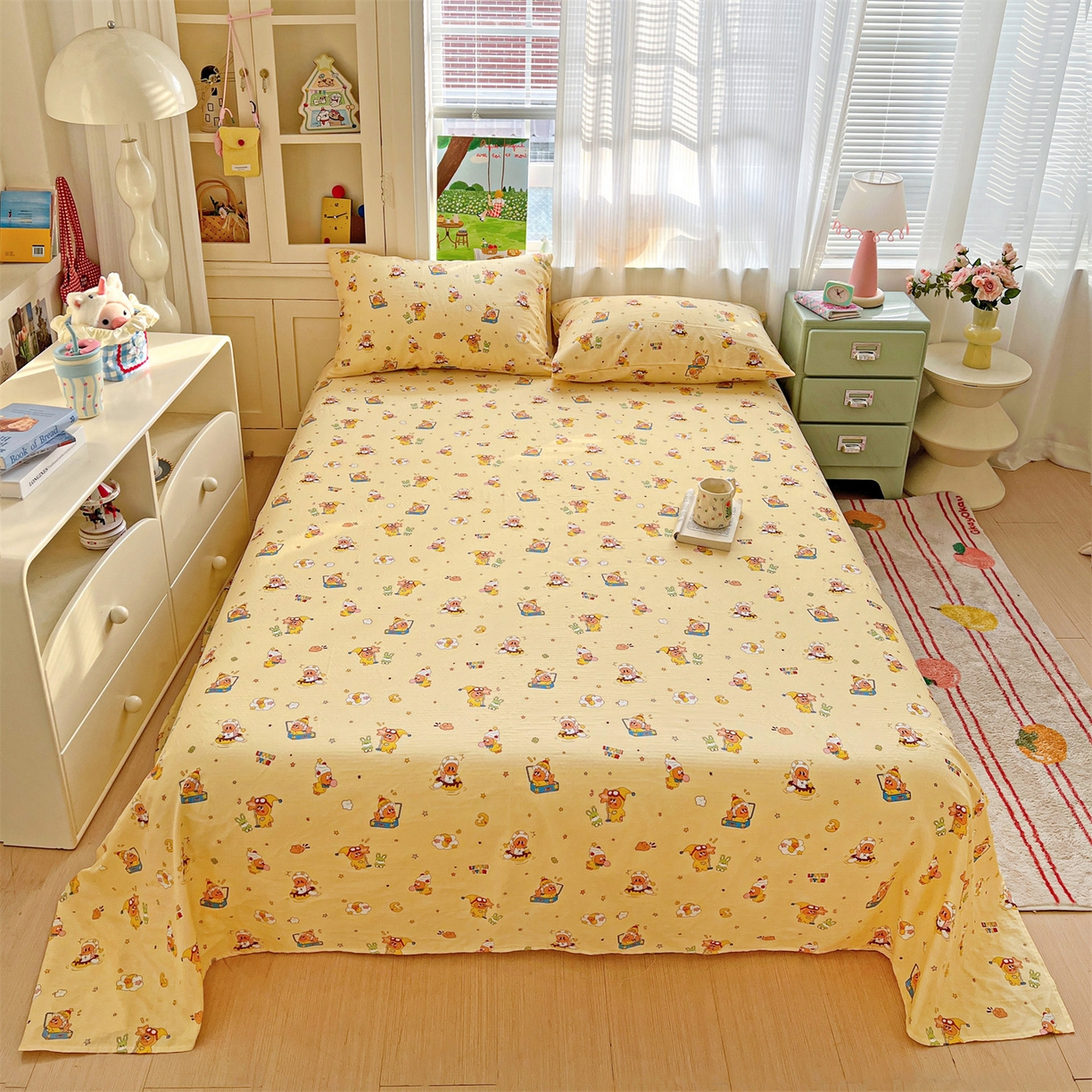 91家纺网 家纺一手货源 找家纺 名兮家居 2026新款全棉纯棉A类双层纱单床单 床单单件 双层纱-奶黄星仔