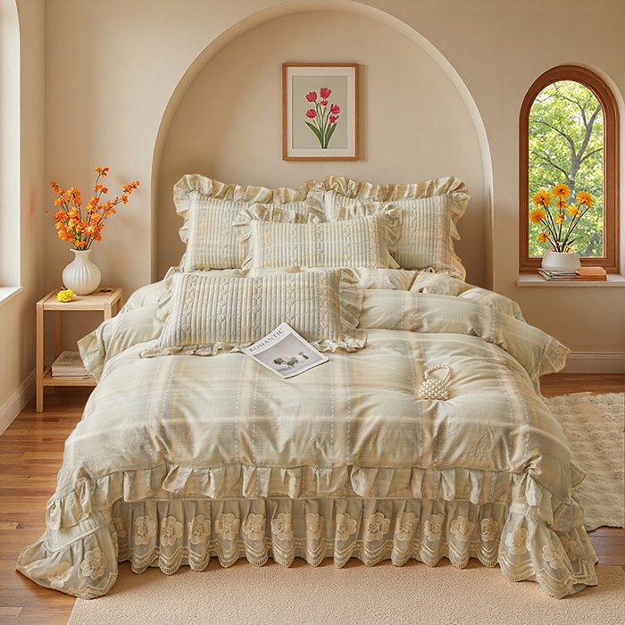 91家纺网 家纺一手货源 找家纺 宜凡家纺 2026新款全棉数码印花床盖三件套格子系列 光之羽-绿