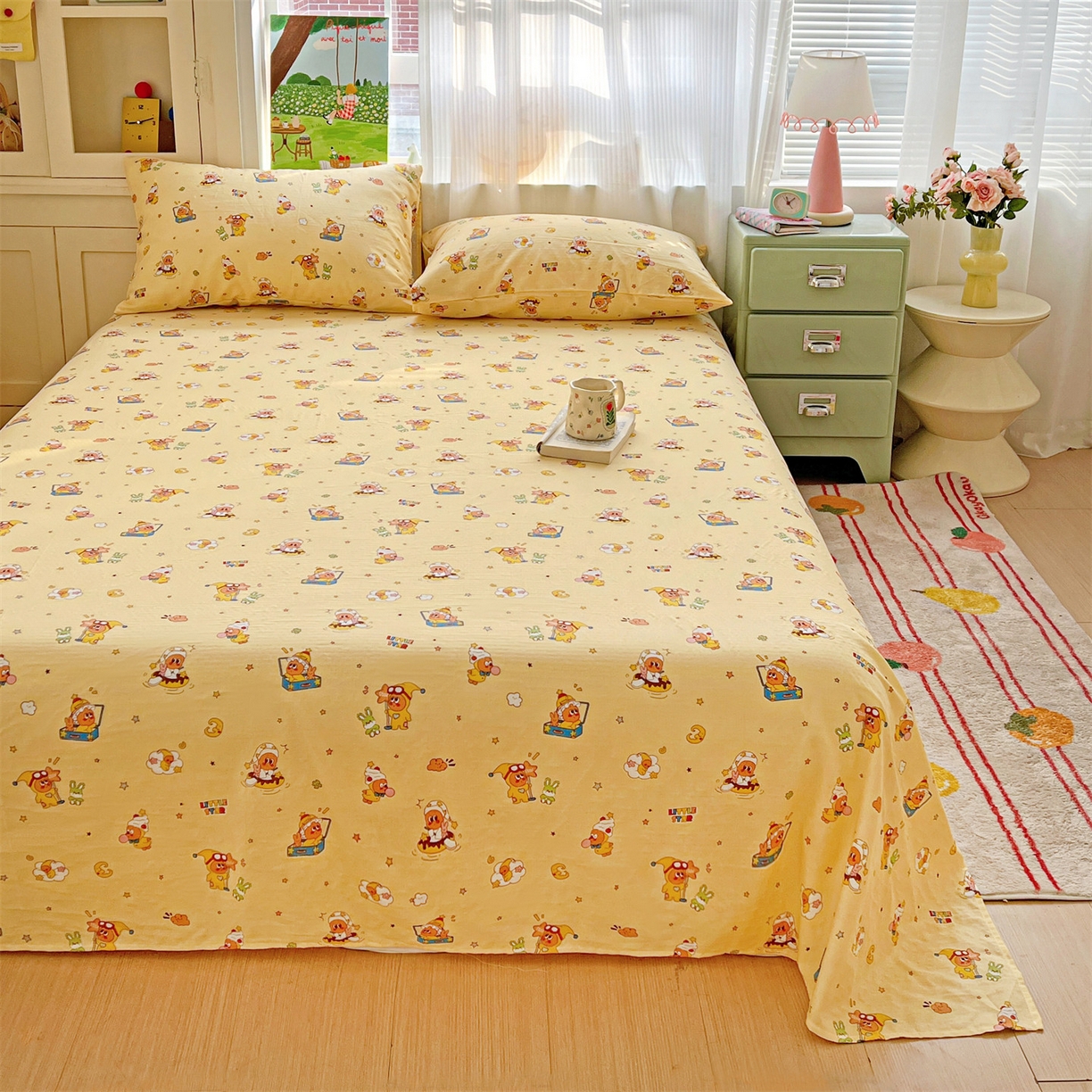 91家纺网 家纺一手货源 找家纺 名兮家居 2026新款全棉纯棉A类双层纱单床单 床单单件 双层纱-奶黄星仔