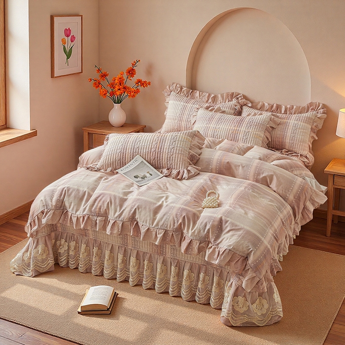 91家纺网 家纺一手货源 找家纺 宜凡家纺 2026新款全棉数码印花床盖三件套格子系列 光之羽-紫