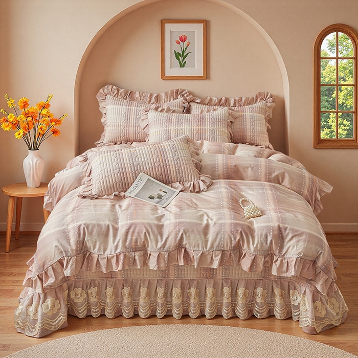 91家纺网 家纺一手货源 找家纺 宜凡家纺 2026新款全棉数码印花床盖三件套格子系列 光之羽-紫