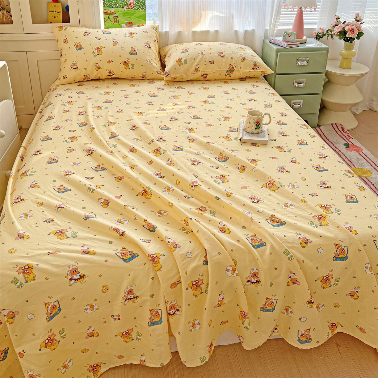 91家纺网 家纺一手货源 找家纺 名兮家居 2026新款全棉纯棉A类双层纱单床单 床单单件 双层纱-奶黄星仔