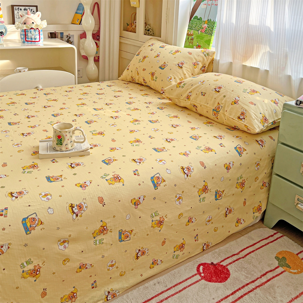 91家纺网 家纺一手货源 找家纺 名兮家居 2026新款全棉纯棉A类双层纱单床单 床单单件 双层纱-奶黄星仔