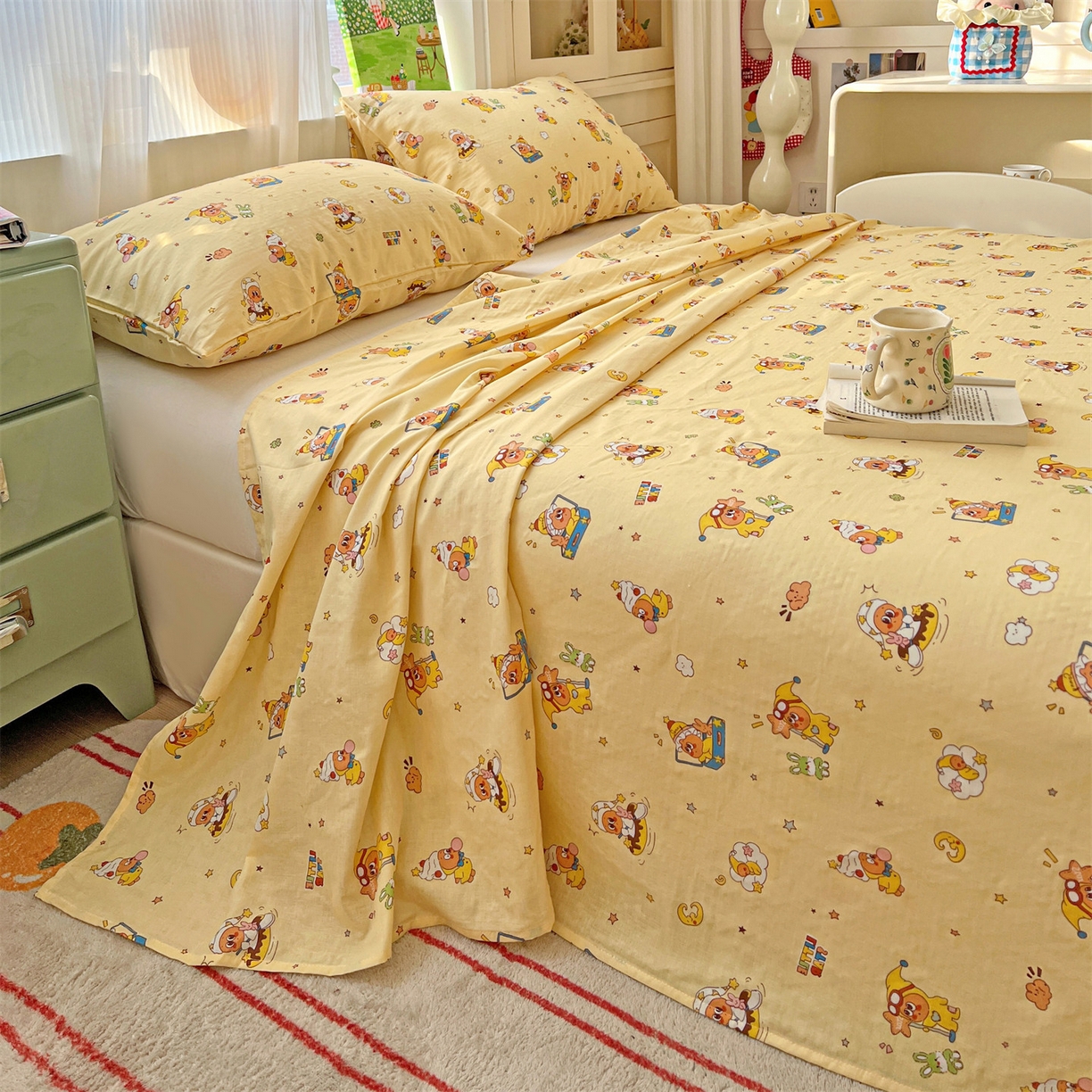 91家纺网 家纺一手货源 找家纺 名兮家居 2026新款全棉纯棉A类双层纱单床单 床单单件 双层纱-奶黄星仔