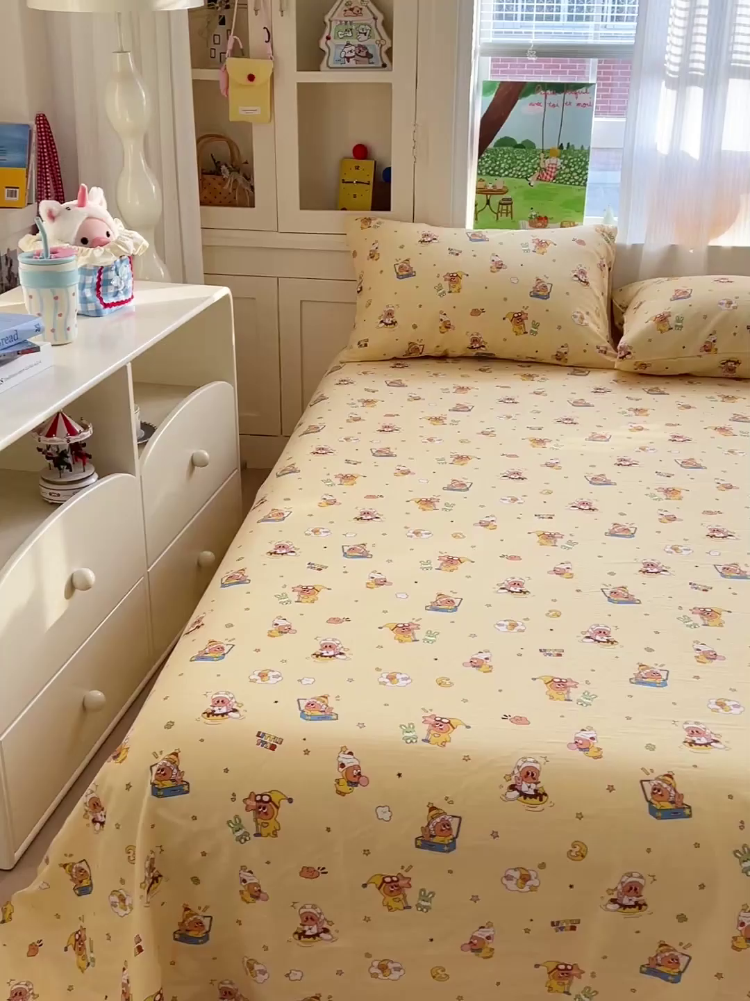 91家纺网 家纺一手货源 找家纺 名兮家居 2026新款全棉纯棉A类双层纱单床单 床单单件 双层纱-奶黄星仔