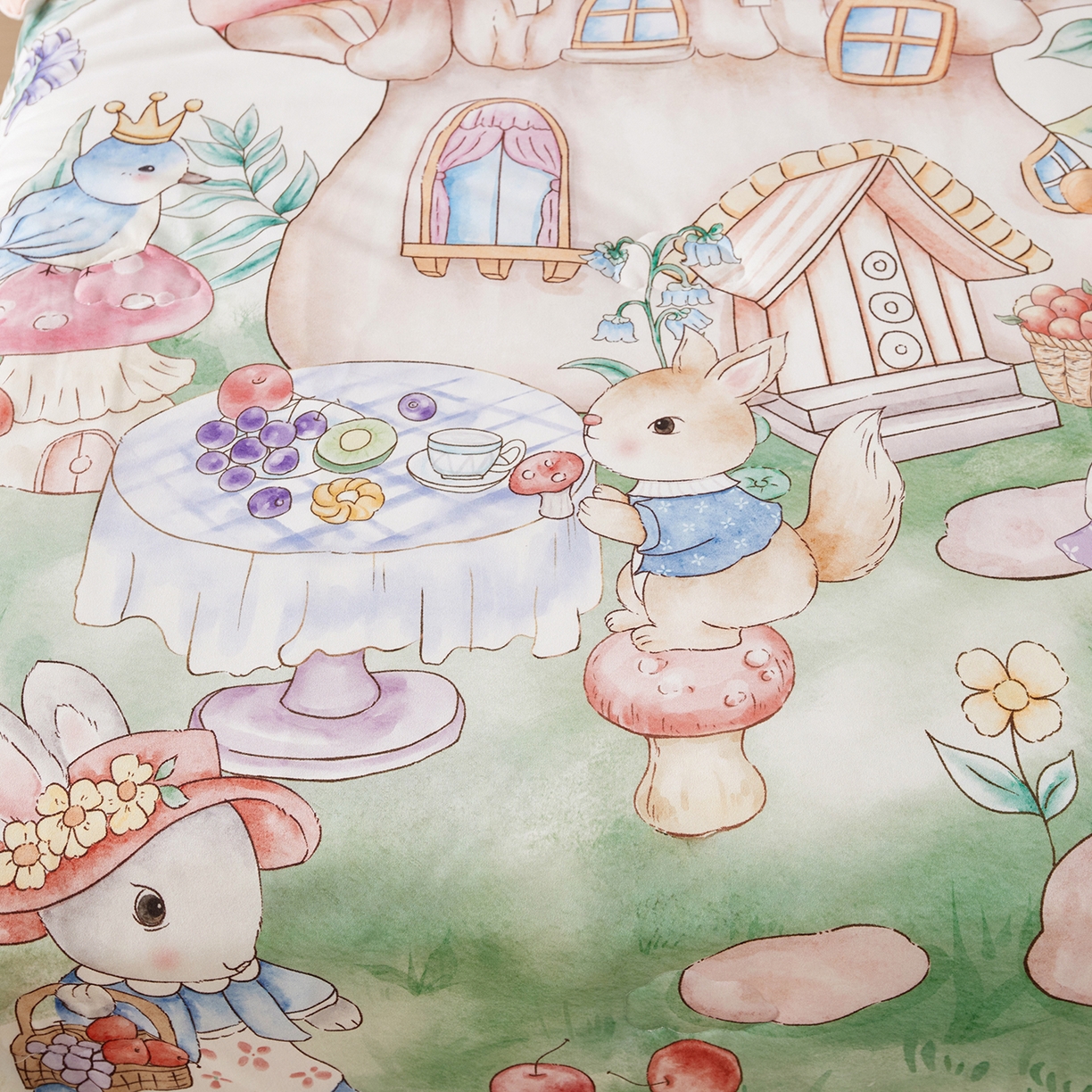 91家纺网 家纺一手货源 找家纺 荷马之梦 2026新款凉凉梦境-原创手绘母婴风针织凉感山茶蚕丝儿童双感夏被夏凉被空调被 蘑菇下午茶