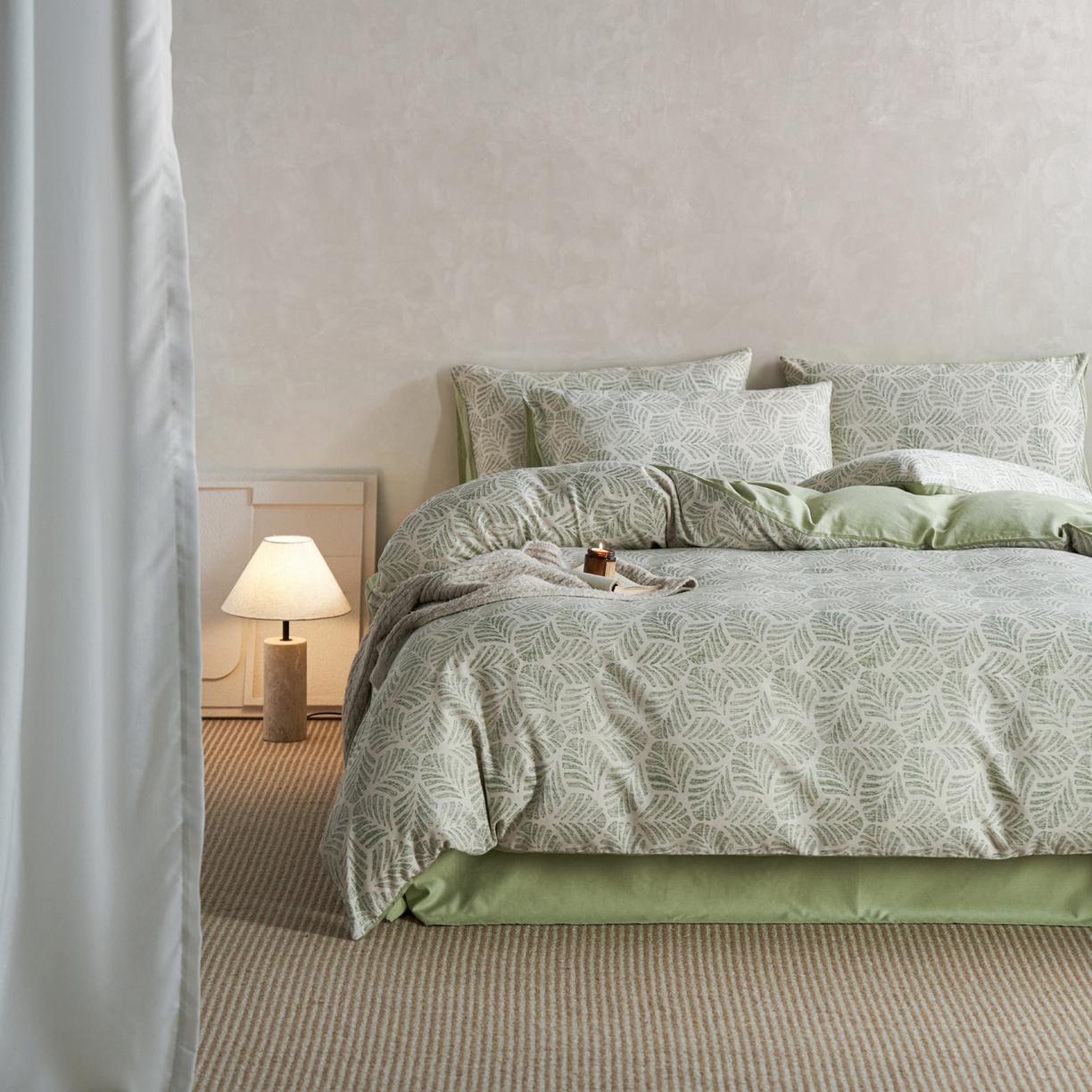 91家纺网 家纺一手货源 找家纺 如一 2026新款A类复古全棉棉麻印花四件套 叶绿