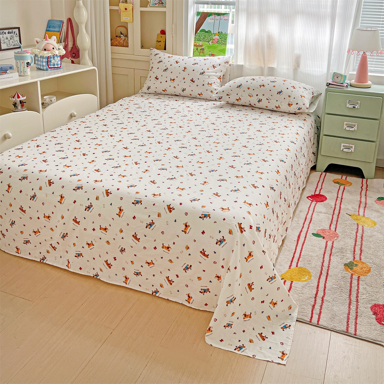 91家纺网 家纺一手货源 找家纺 名兮家居 2026新款全棉纯棉A类双层纱单床单 床单单件 双层纱-小狗日记