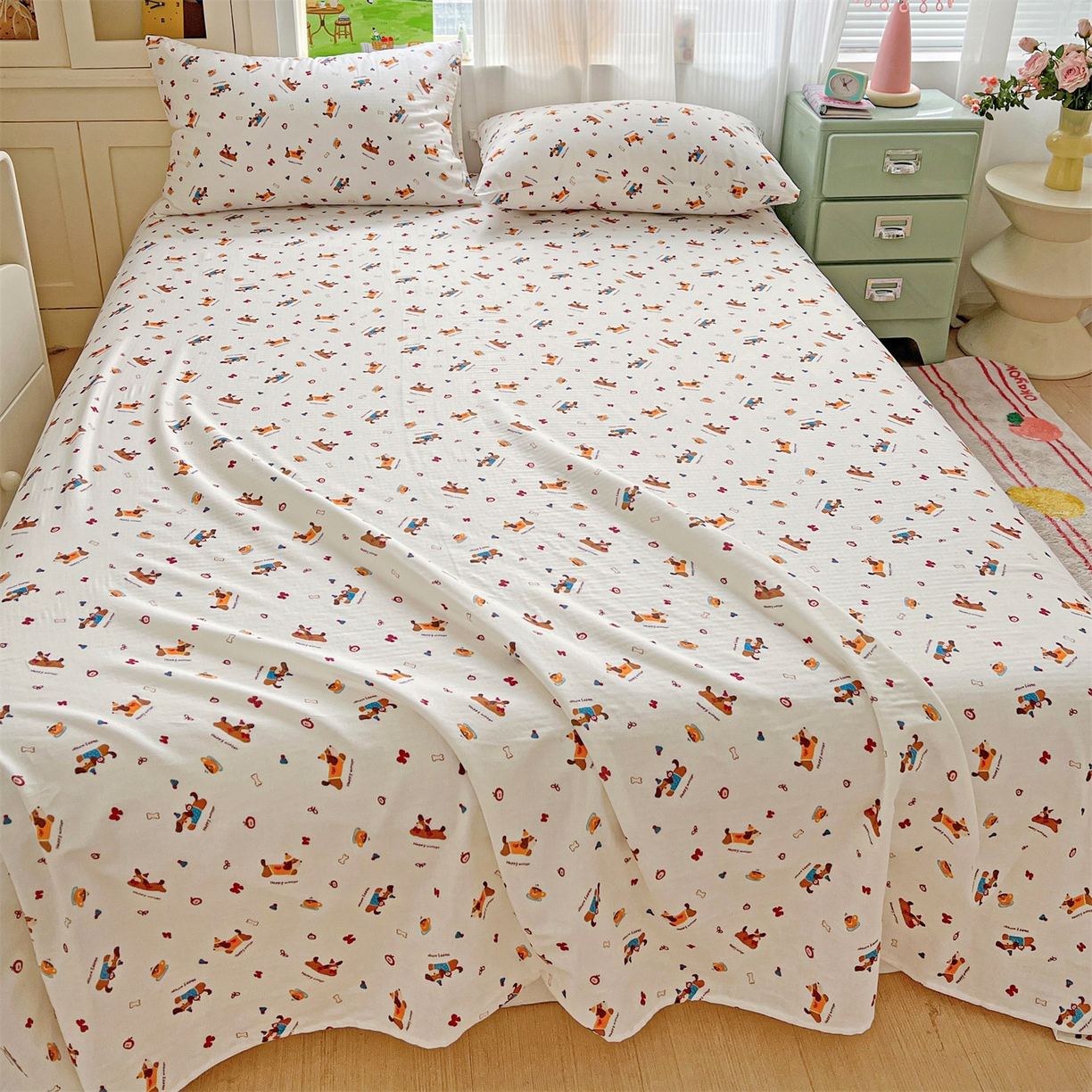 91家纺网 家纺一手货源 找家纺 名兮家居 2026新款全棉纯棉A类双层纱单床单 床单单件 双层纱-小狗日记