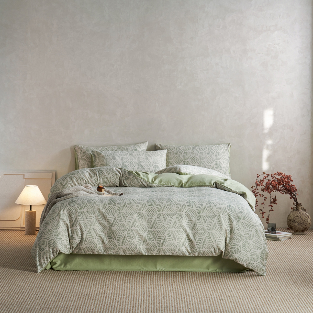 91家纺网 家纺一手货源 找家纺 如一 2026新款A类复古全棉棉麻印花四件套 叶绿