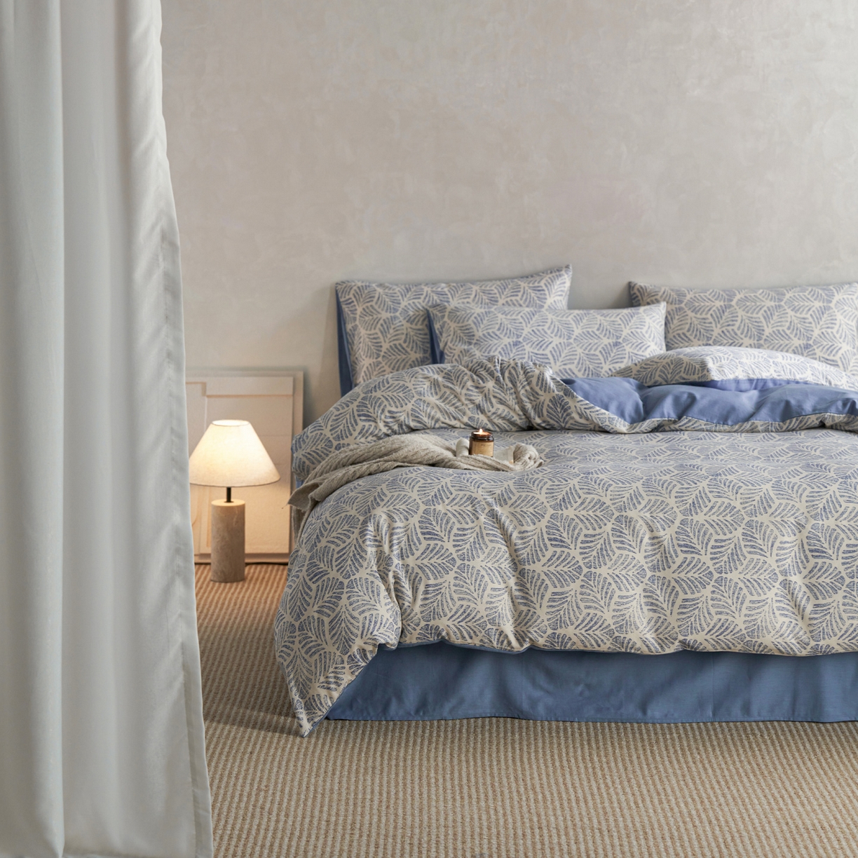 91家纺网 家纺一手货源 找家纺 如一 2026新款A类复古全棉棉麻印花四件套 叶蓝