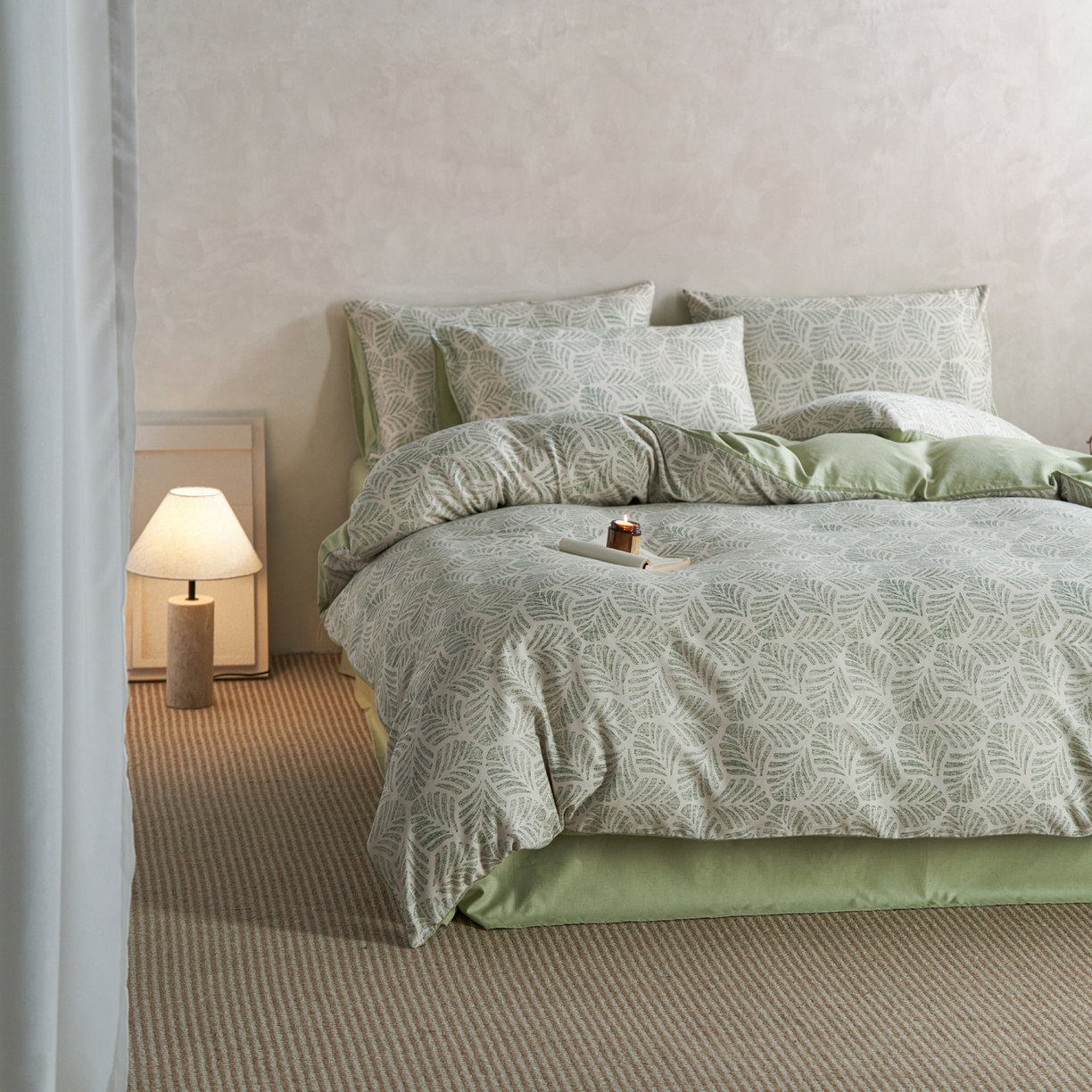 91家纺网 家纺一手货源 找家纺 如一 2026新款A类复古全棉棉麻印花四件套 叶绿