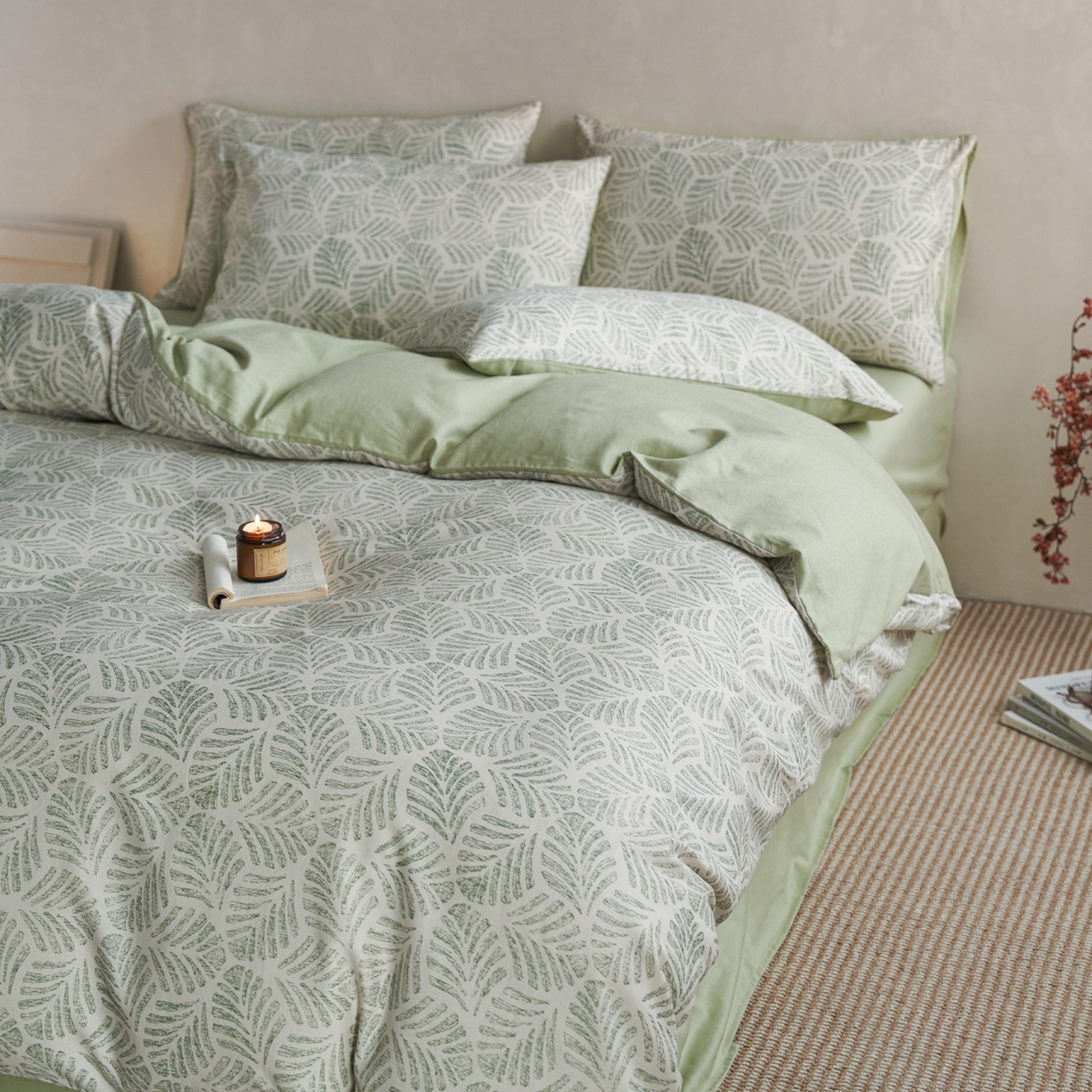 91家纺网 家纺一手货源 找家纺 如一 2026新款A类复古全棉棉麻印花四件套 叶绿