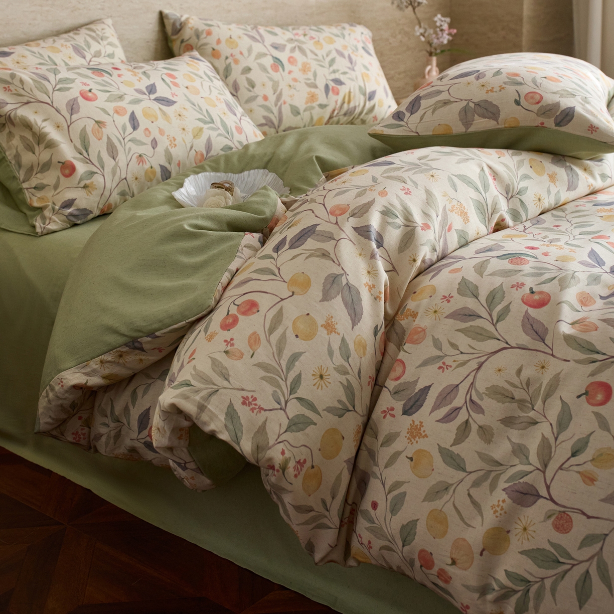 91家纺网 家纺一手货源 找家纺 如一 2026新款A类复古全棉棉麻印花四件套 果韵