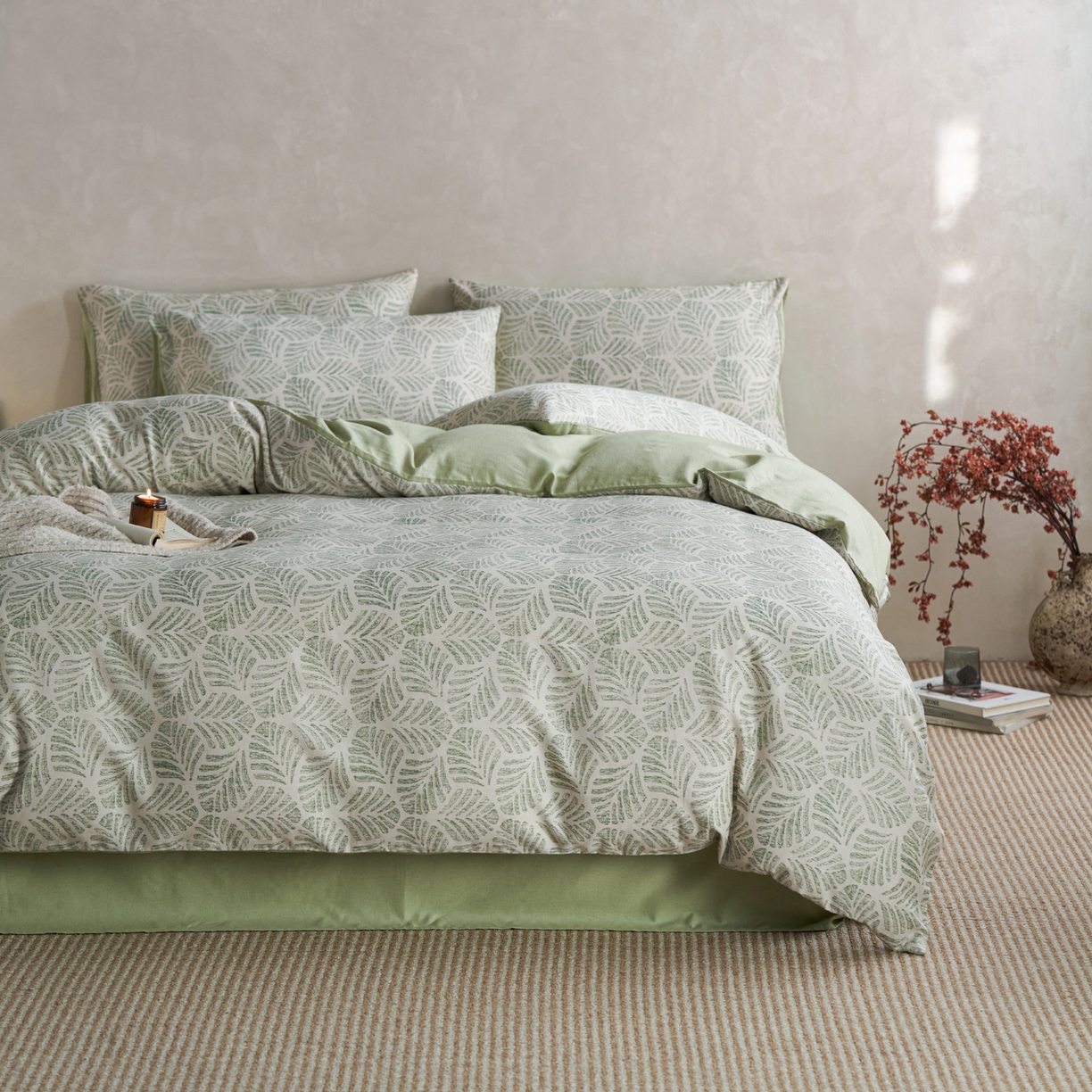 91家纺网 家纺一手货源 找家纺 如一 2026新款A类复古全棉棉麻印花四件套 叶绿