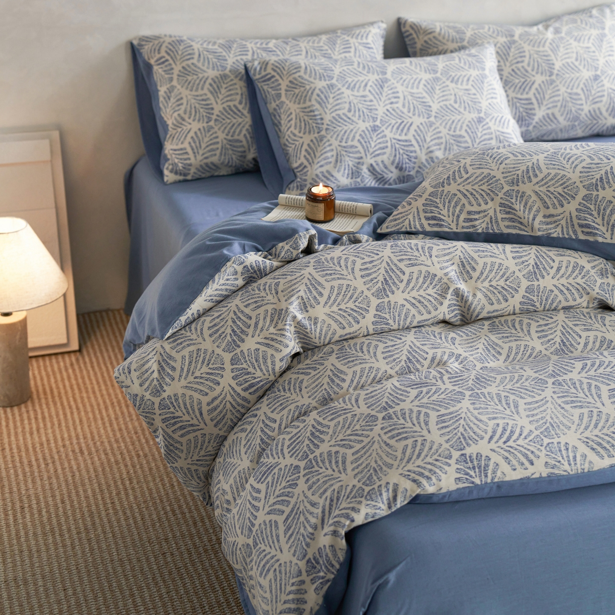 91家纺网 家纺一手货源 找家纺 如一 2026新款A类复古全棉棉麻印花四件套 叶蓝