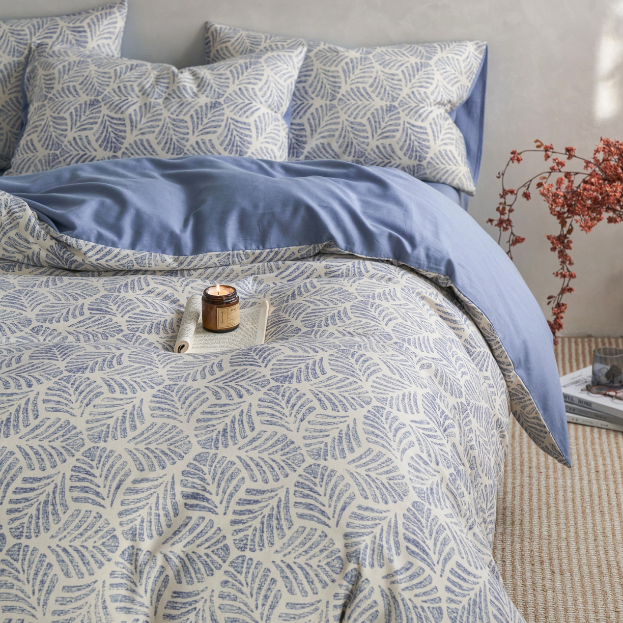 91家纺网 家纺一手货源 找家纺 如一 2026新款A类复古全棉棉麻印花四件套 叶蓝