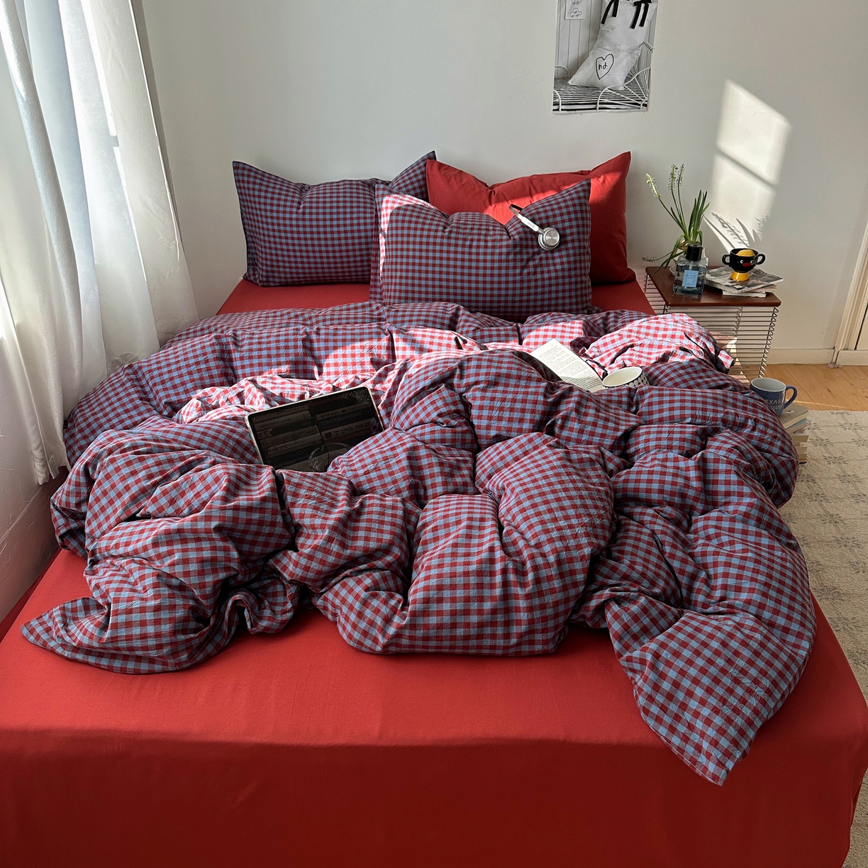 91家纺网 家纺一手货源 找家纺 例外 2026新款全棉纯棉色织水洗棉布拉格ins风四件套-影棚图 布拉格-藏红