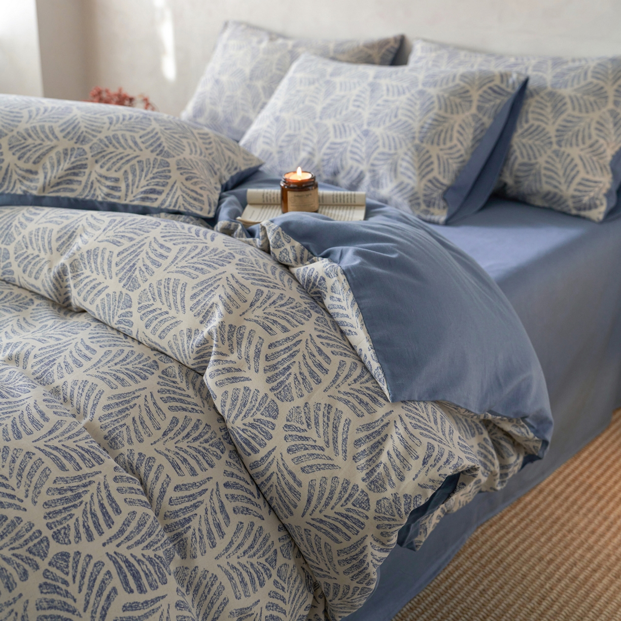 如一 2026新款A类复古全棉棉麻印花四件套 叶蓝