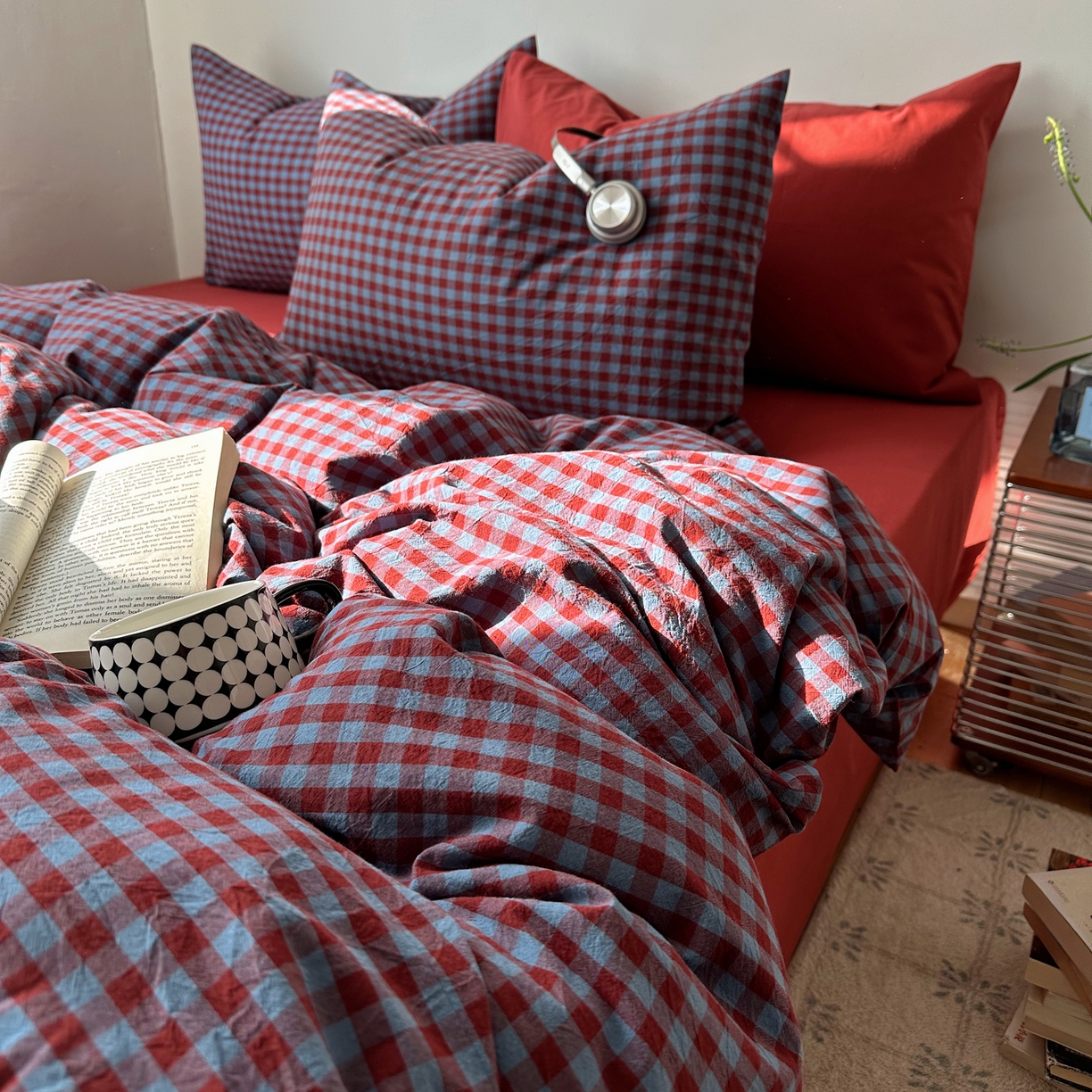 91家纺网 家纺一手货源 找家纺 例外 2026新款全棉纯棉色织水洗棉布拉格ins风四件套-影棚图 布拉格-藏红