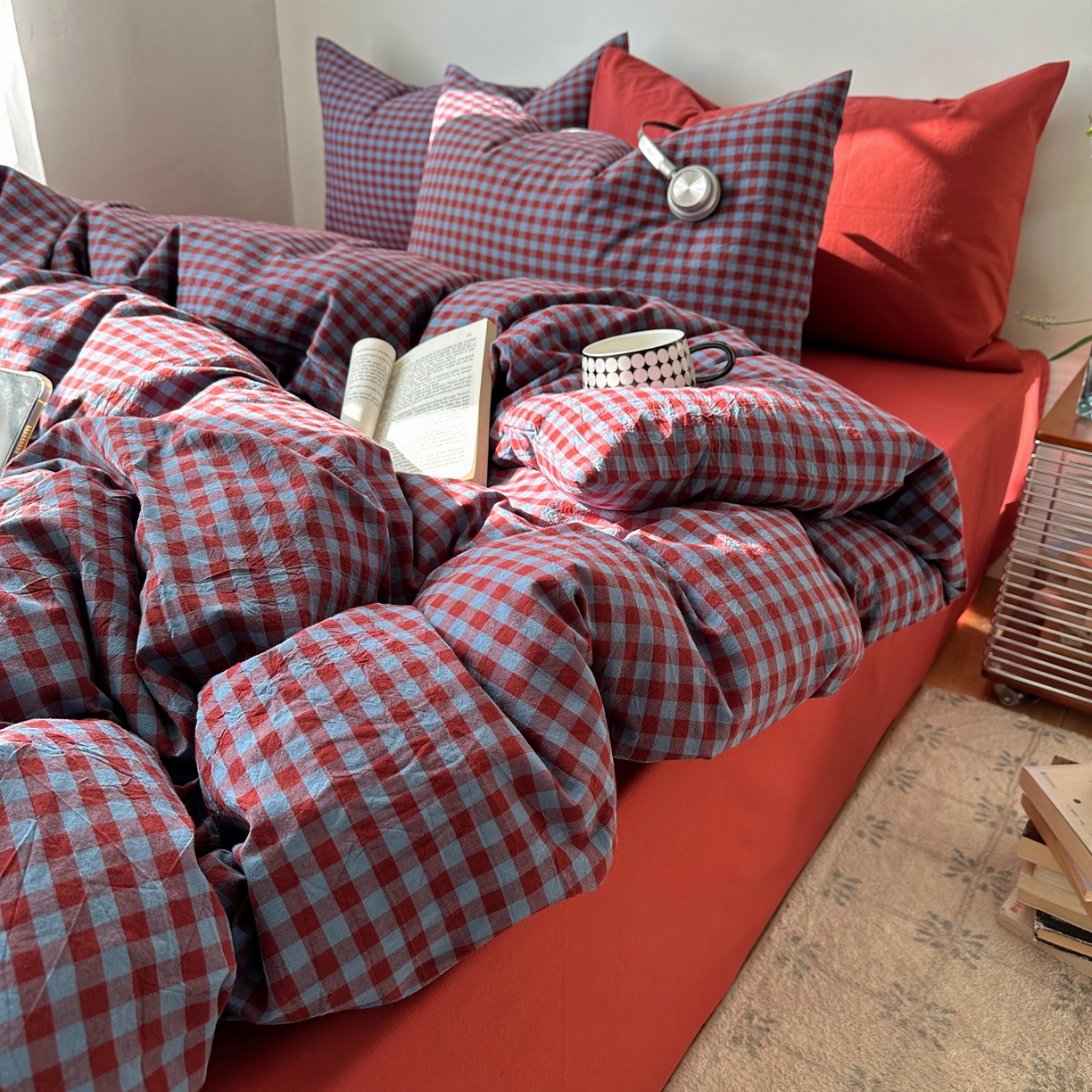 91家纺网 家纺一手货源 找家纺 例外 2026新款全棉纯棉色织水洗棉布拉格ins风四件套-影棚图 布拉格-藏红