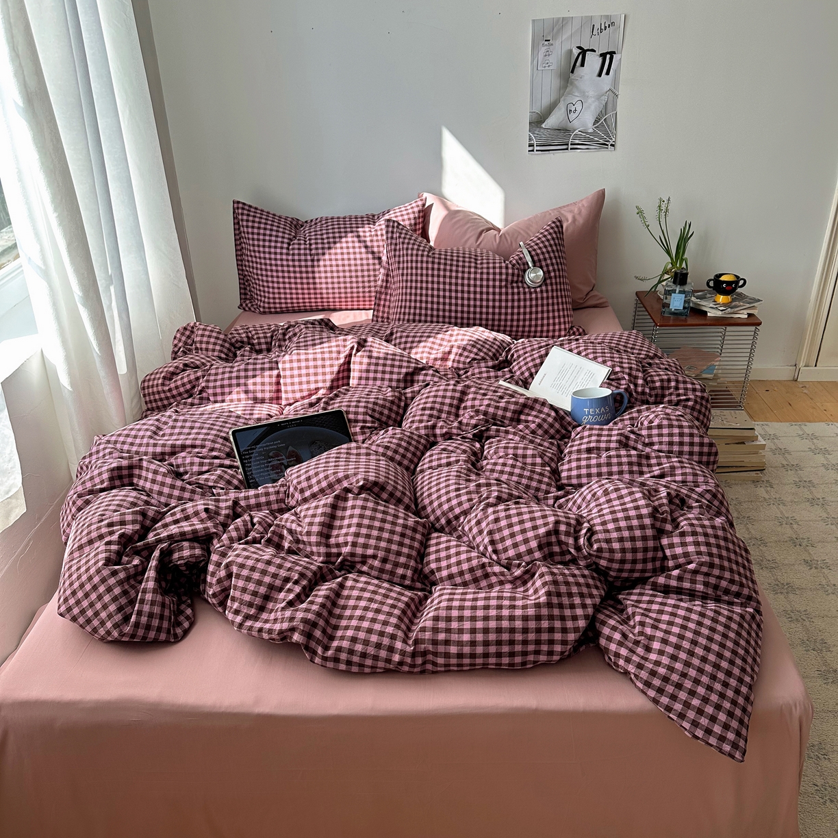 91家纺网 家纺一手货源 找家纺 例外 2026新款全棉纯棉色织水洗棉布拉格ins风四件套-影棚图 布拉格-树莓