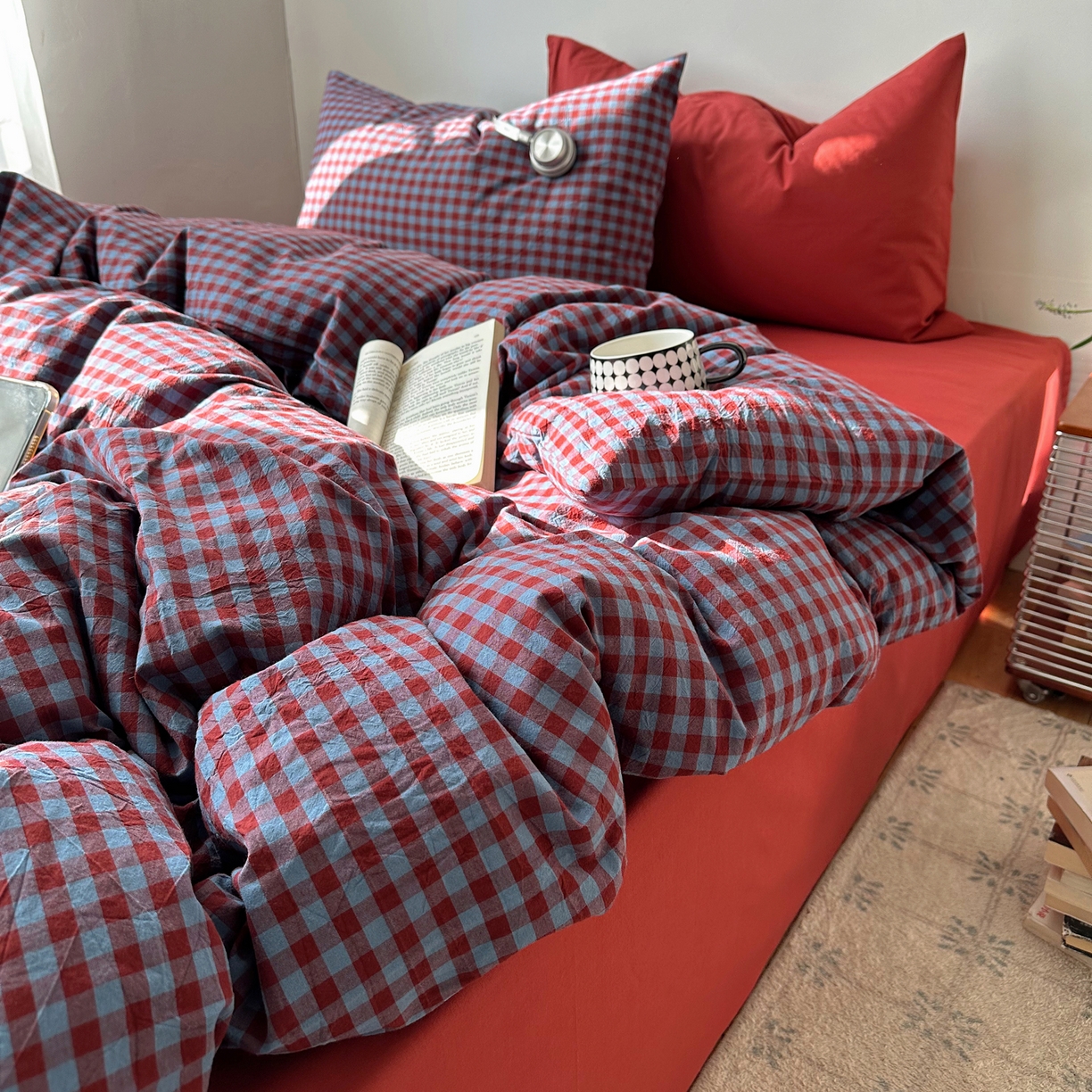 91家纺网 家纺一手货源 找家纺 例外 2026新款全棉纯棉色织水洗棉布拉格ins风四件套-影棚图 布拉格-藏红