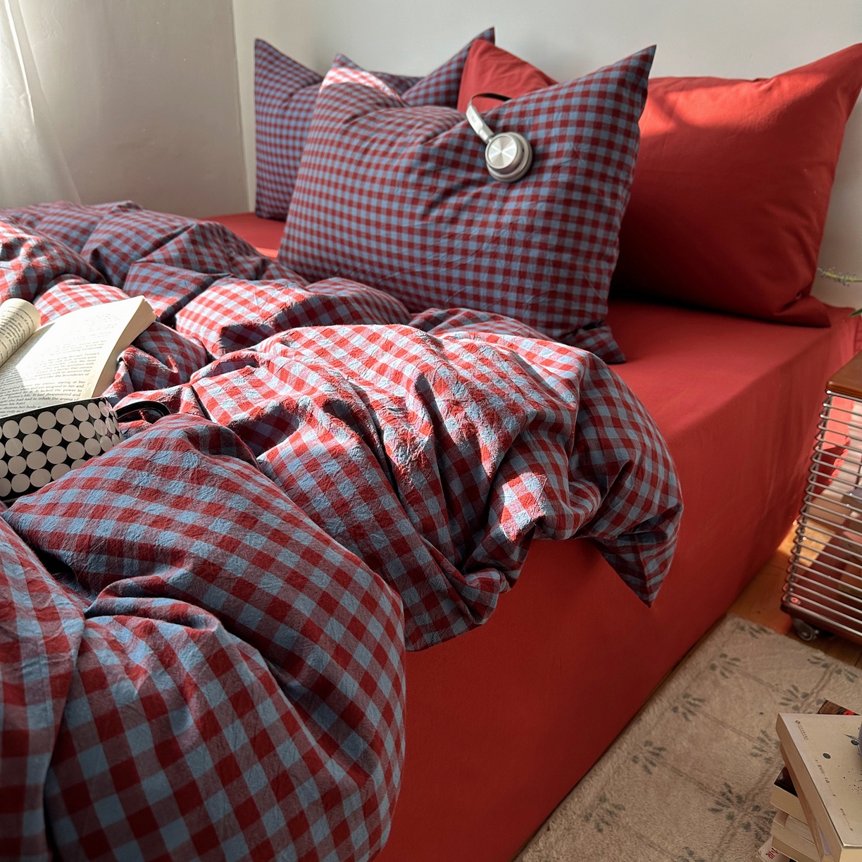 91家纺网 家纺一手货源 找家纺 例外 2026新款全棉纯棉色织水洗棉布拉格ins风四件套-影棚图 布拉格-藏红