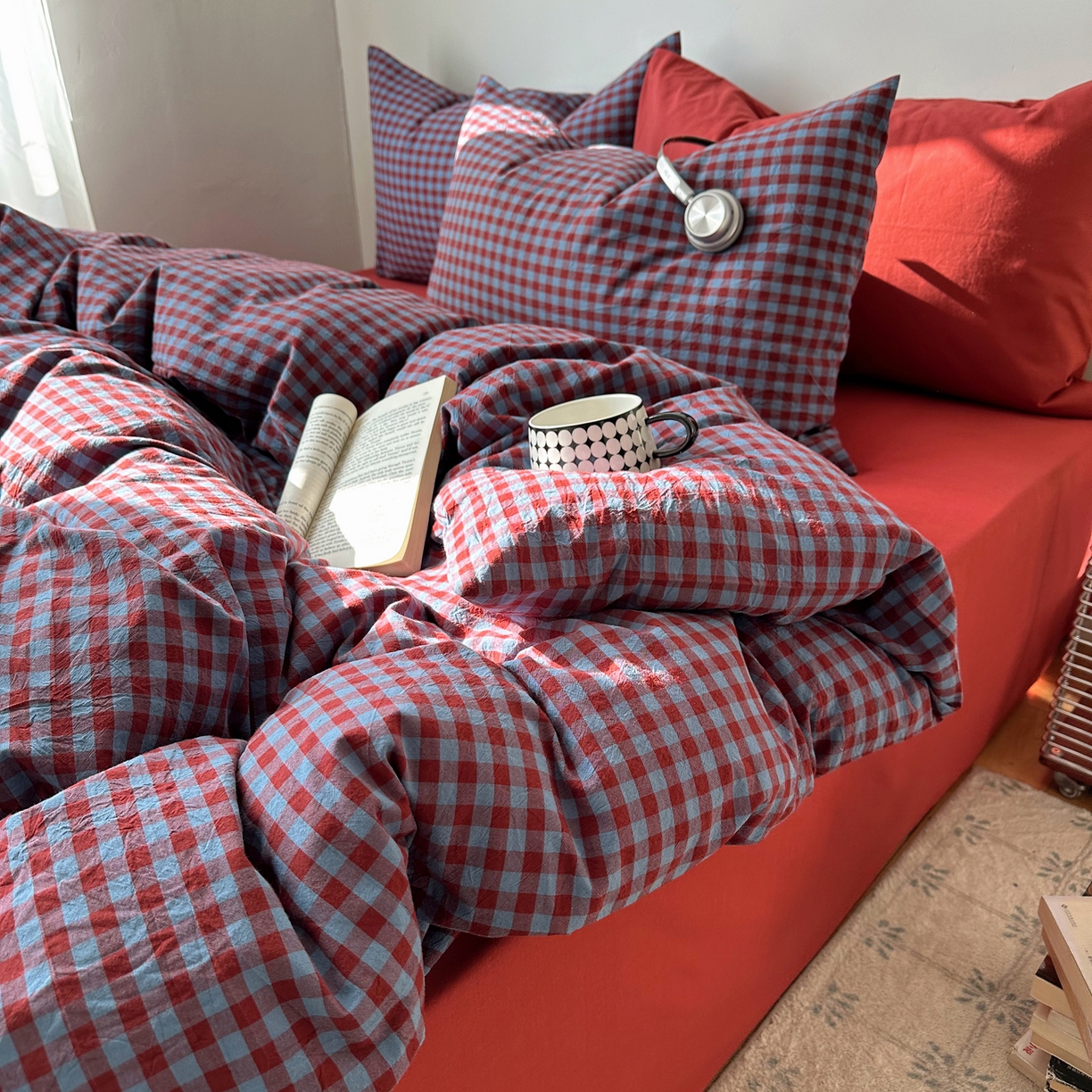 91家纺网 家纺一手货源 找家纺 例外 2026新款全棉纯棉色织水洗棉布拉格ins风四件套-影棚图 布拉格-藏红