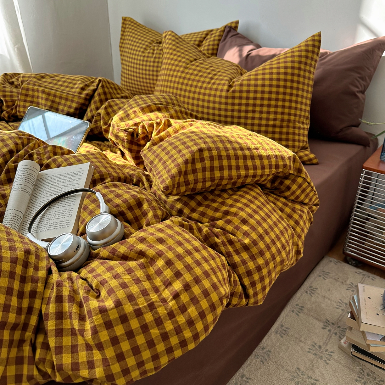 91家纺网 家纺一手货源 找家纺 例外 2026新款全棉纯棉色织水洗棉布拉格ins风四件套-影棚图 布拉格-黄棕