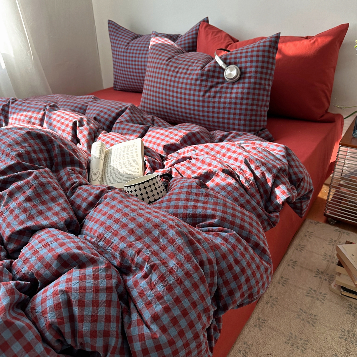 91家纺网 家纺一手货源 找家纺 例外 2026新款全棉纯棉色织水洗棉布拉格ins风四件套-影棚图 布拉格-藏红