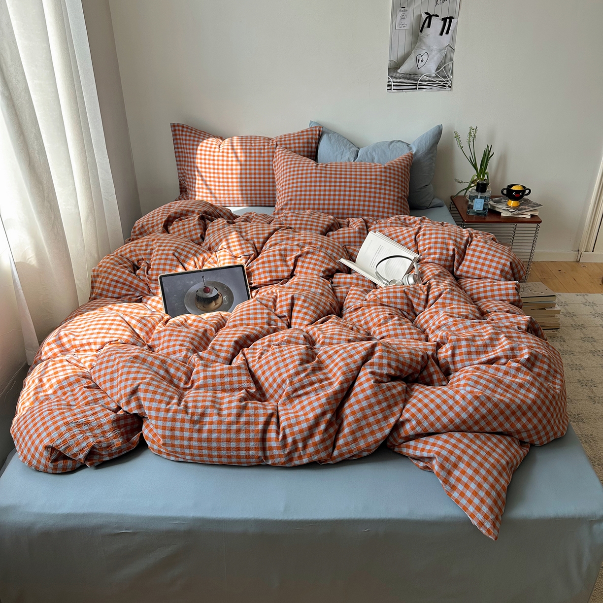 91家纺网 家纺一手货源 找家纺 例外 2026新款全棉纯棉色织水洗棉布拉格ins风四件套-影棚图 布拉格-橘兰