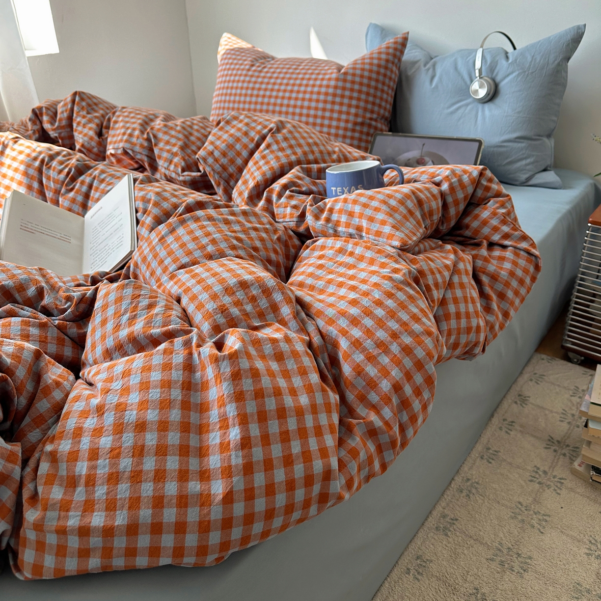 91家纺网 家纺一手货源 找家纺 例外 2026新款全棉纯棉色织水洗棉布拉格ins风四件套-影棚图 布拉格-橘兰