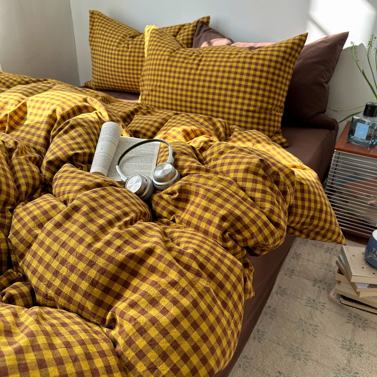 91家纺网 家纺一手货源 找家纺 例外 2026新款全棉纯棉色织水洗棉布拉格ins风四件套-影棚图 布拉格-黄棕